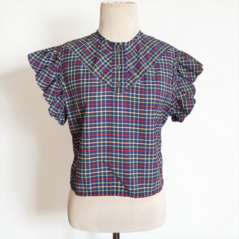 Vintage Navy Blue Primary Color Plaid Crop Top